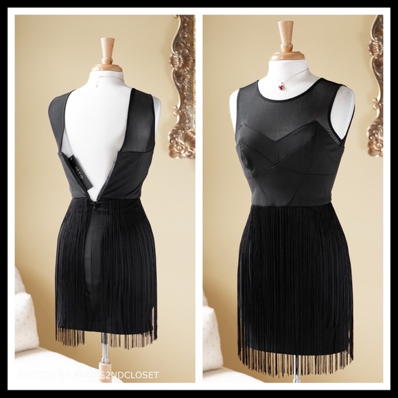 ❤️SOLD❤️BLACK V-NECK FRINGE COCKTAIL DRESS A3C - Picture 7 of 8